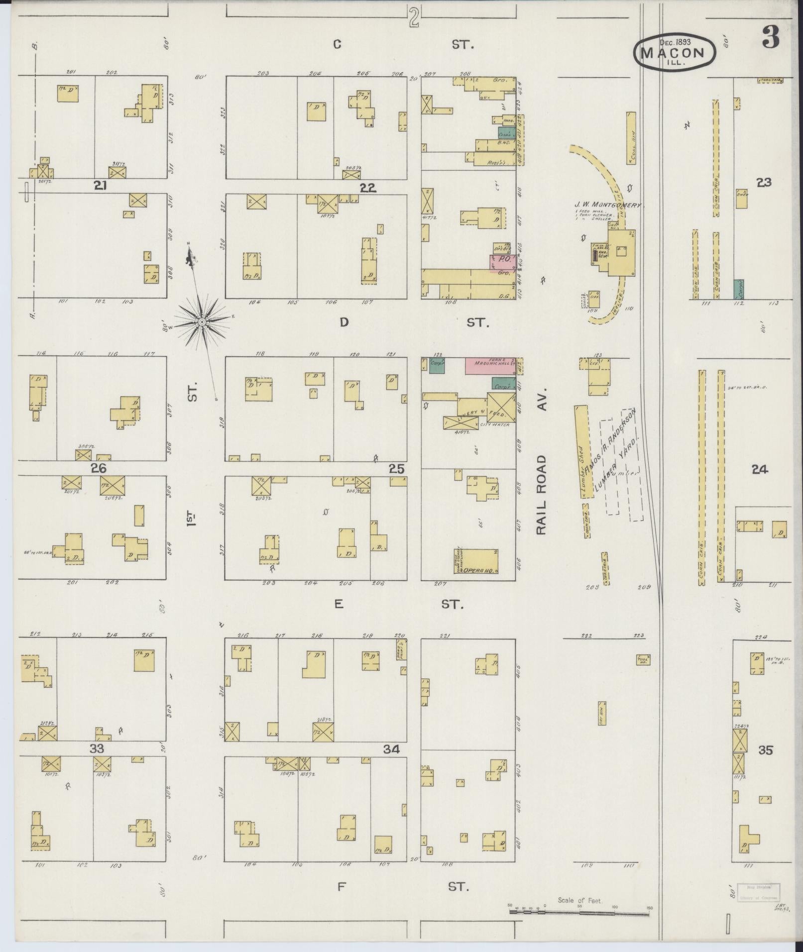 Sanborn Fire Insurance Map from Macon, Macon County, Illinois (1893), Sheet #0003 - Historic Sanborn Fire Insurance Map Print, vintage old map wall art, antique decor, genealogy gift, Illinois Illinois map