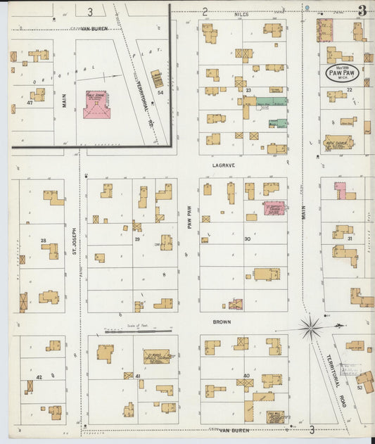 Sanborn Fire Insurance Map from Paw Paw, Van Buren County, Michigan (1899), Sheet #0003 - Historic Sanborn Fire Insurance Map Print, vintage old map wall art, antique decor, genealogy gift, Michigan Michigan map