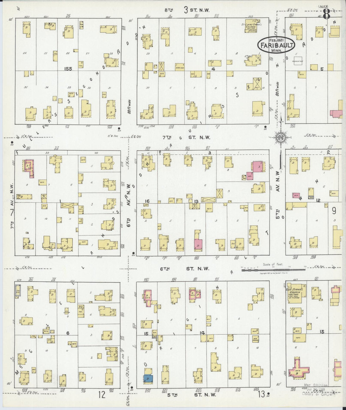 Sanborn Fire Insurance Map from Faribault, Rice County, Minnesota (1921), Sheet #0008 - Complete Map Set gallery image, historic Sanborn map, vintage wall art, Minnesota Minnesota