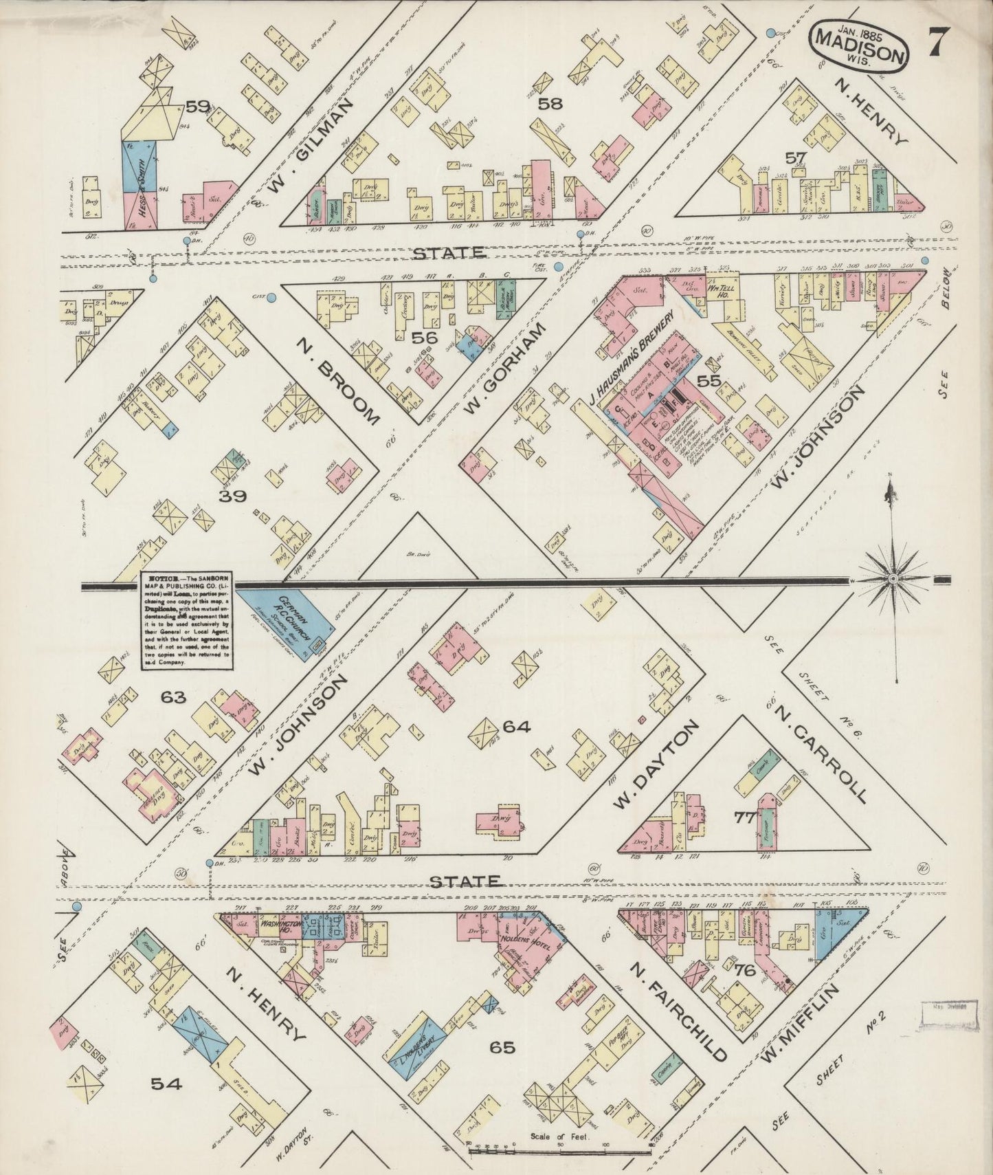 Sanborn Fire Insurance Map from Madison, Dane County, Wisconsin (1885), Sheet #0007 - Complete Map Set gallery image, historic Sanborn map, vintage wall art, Wisconsin Wisconsin