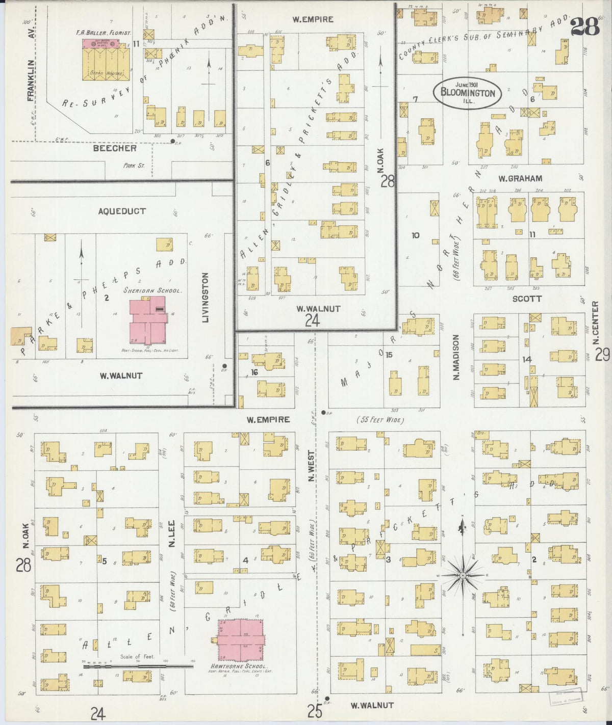 Sanborn Fire Insurance Map from Bloomington, McLean County, Illinois (1901), Sheet #0028 - Complete Map Set gallery image, historic Sanborn map, vintage wall art, Illinois Illinois