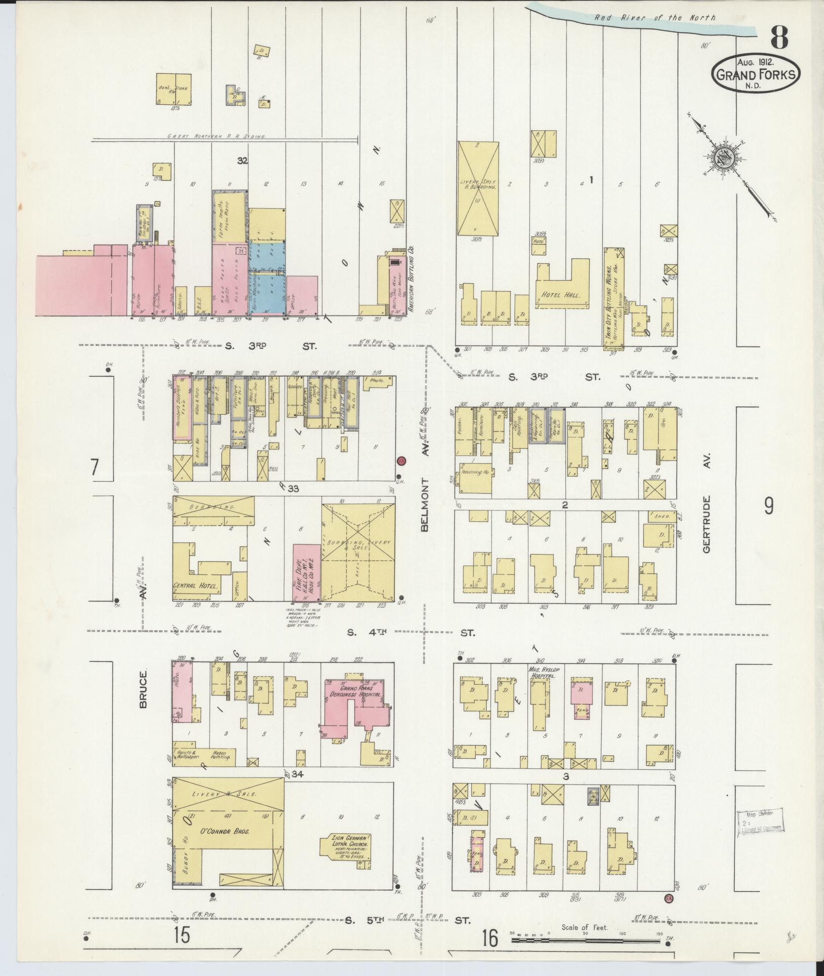 Sanborn Fire Insurance Map from Grand Forks, Grand Forks County, North Dakota (1912), Sheet #0008 - Historic Sanborn Fire Insurance Map Print, vintage old map wall art, antique decor, genealogy gift, North Dakota North Dakota map