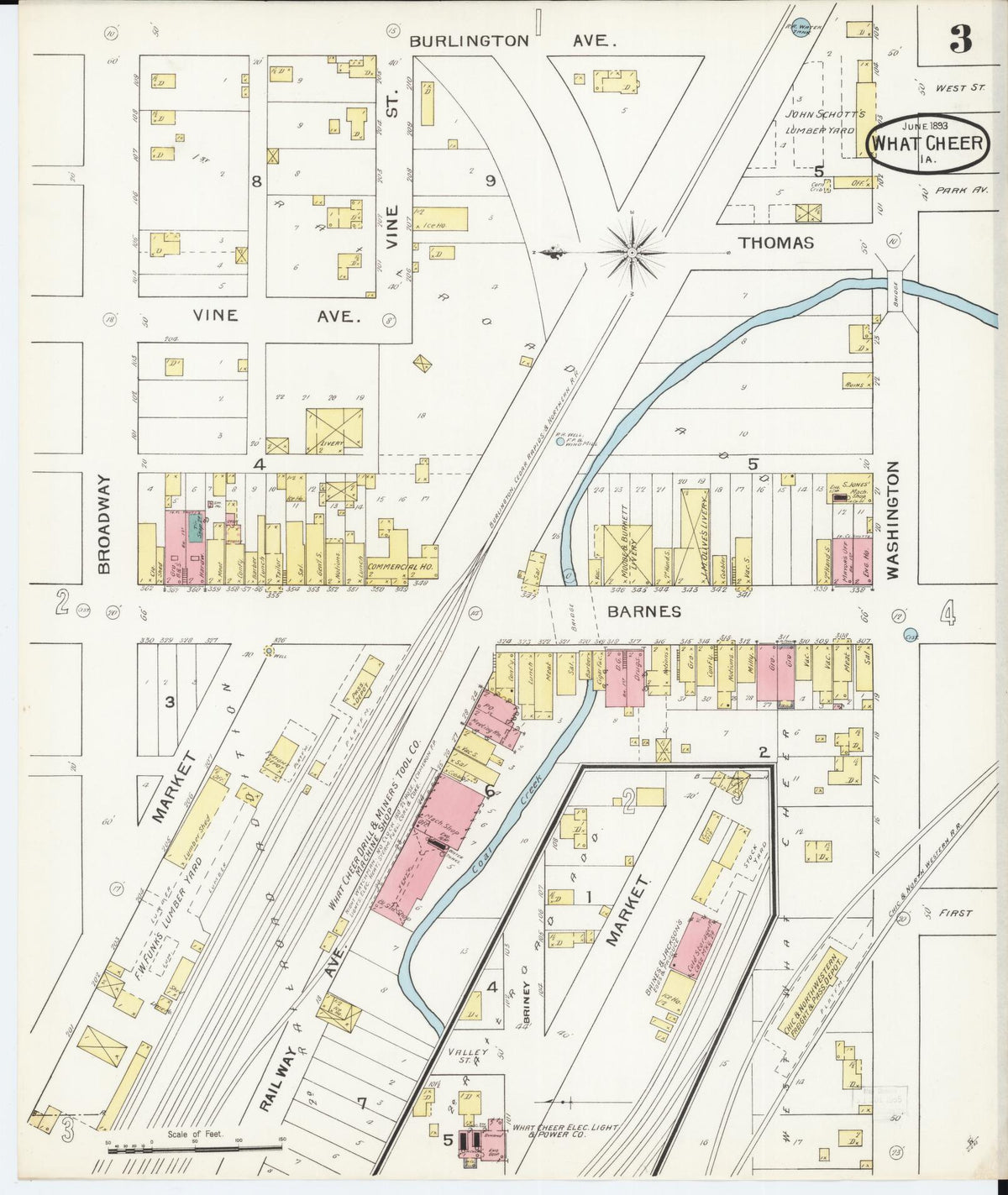 Sanborn Fire Insurance Map from What Cheer, Keokuk County, Iowa (1893), Sheet #0003 - Historic Sanborn Fire Insurance Map Print, vintage old map wall art