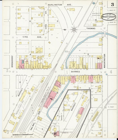 Sanborn Fire Insurance Map from What Cheer, Keokuk County, Iowa (1893), Sheet #0003 - Historic Sanborn Fire Insurance Map Print, vintage old map wall art