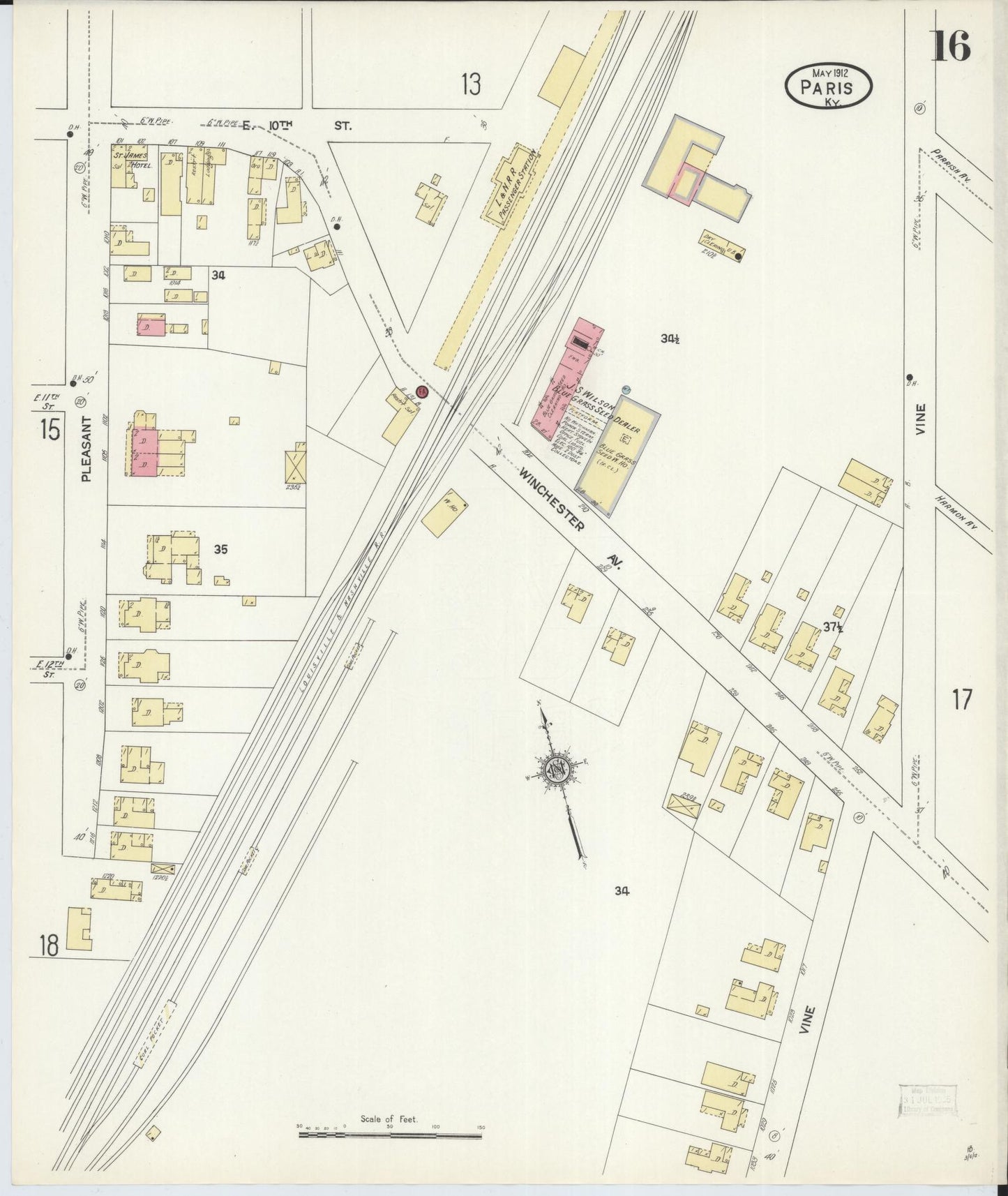 Sanborn Fire Insurance Map from Paris, Bourbon County, Kentucky (1912), Sheet #0016 - Historic Sanborn Fire Insurance Map Print, vintage old map wall art, antique decor, genealogy gift, Kentucky Kentucky map