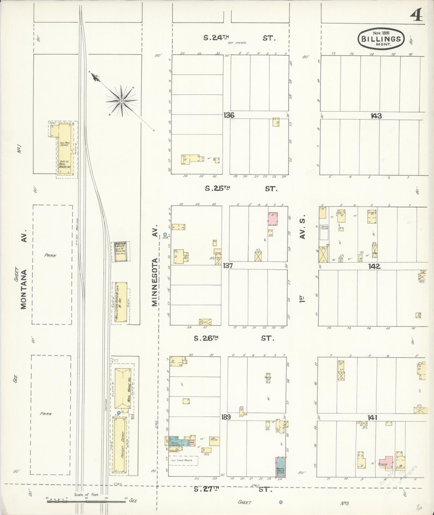 Sanborn Fire Insurance Map from Billings, Yellowstone County, Montana (1891), Sheet #0004 - Complete Map Set gallery image, historic Sanborn map, vintage wall art, Montana Montana
