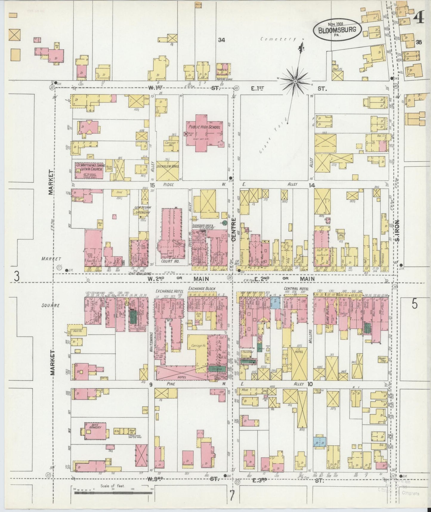 Sanborn Fire Insurance Map from Bloomsburg, Columbia County, Pennsylvania (1901), Sheet #0004 - Historic Sanborn Fire Insurance Map Print, vintage old map wall art, antique decor, genealogy gift, Pennsylvania Pennsylvania map
