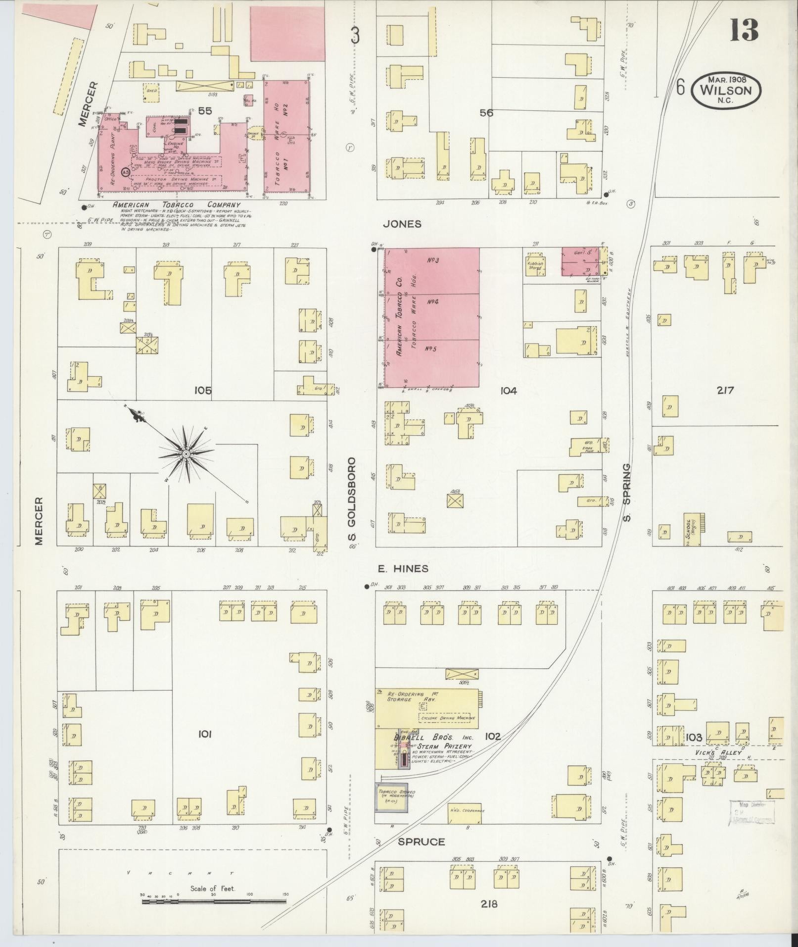 Sanborn Fire Insurance Map from Wilson, Wilson County, North Carolina (1908), Sheet #0013 - Complete Map Set gallery image, historic Sanborn map, vintage wall art, North Carolina North Carolina