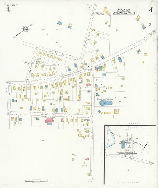 Sanborn Fire Insurance Map from Bryn Athyn, Montgomery County, Pennsylvania (1933), Sheet #0004 - Historic Sanborn Fire Insurance Map Print, vintage old map wall art, antique decor, genealogy gift, Pennsylvania Pennsylvania map