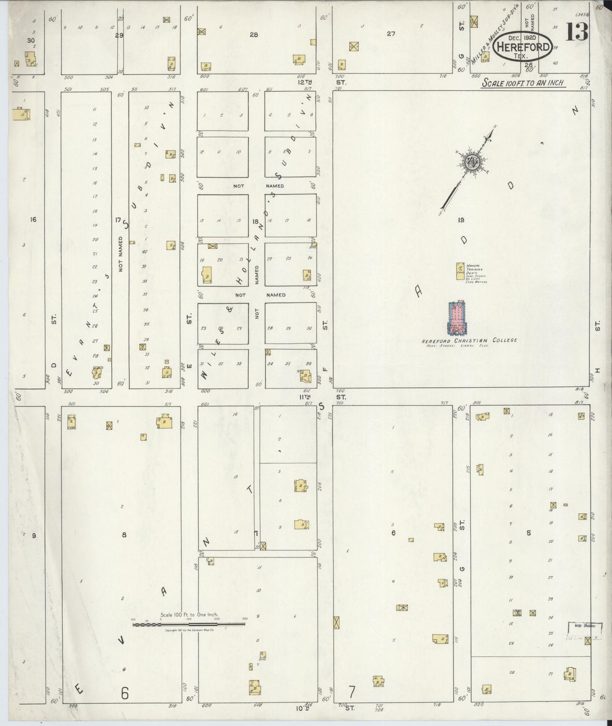 Sanborn Fire Insurance Map from Hereford, Deaf Smith County, Texas (1920), Sheet #0013 - Historic Sanborn Fire Insurance Map Print, vintage old map wall art, antique decor, genealogy gift, Texas Texas map