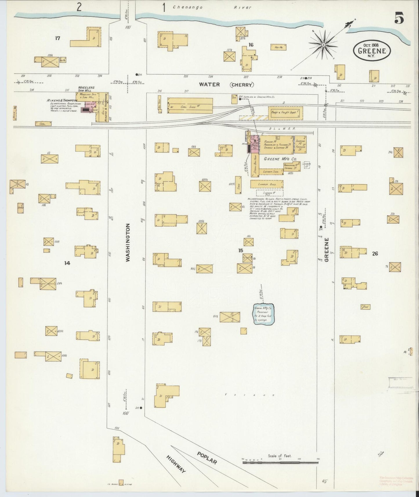Sanborn Fire Insurance Map from Greene, Chenango County, New York (1908), Sheet #0005 - Historic Sanborn Fire Insurance Map Print, vintage old map wall art, antique decor, genealogy gift, New York New York map