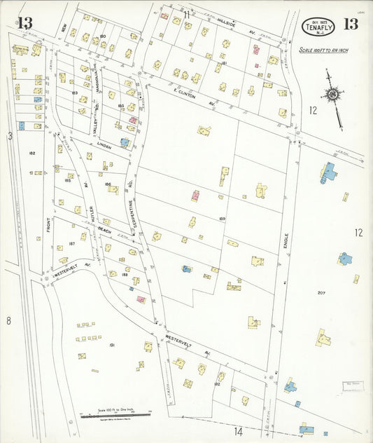 Sanborn Fire Insurance Map from Tenafly, Bergen County, New Jersey (1923), Sheet #0013 - Historic Sanborn Fire Insurance Map Print, vintage old map wall art, antique decor, genealogy gift, New Jersey New Jersey map