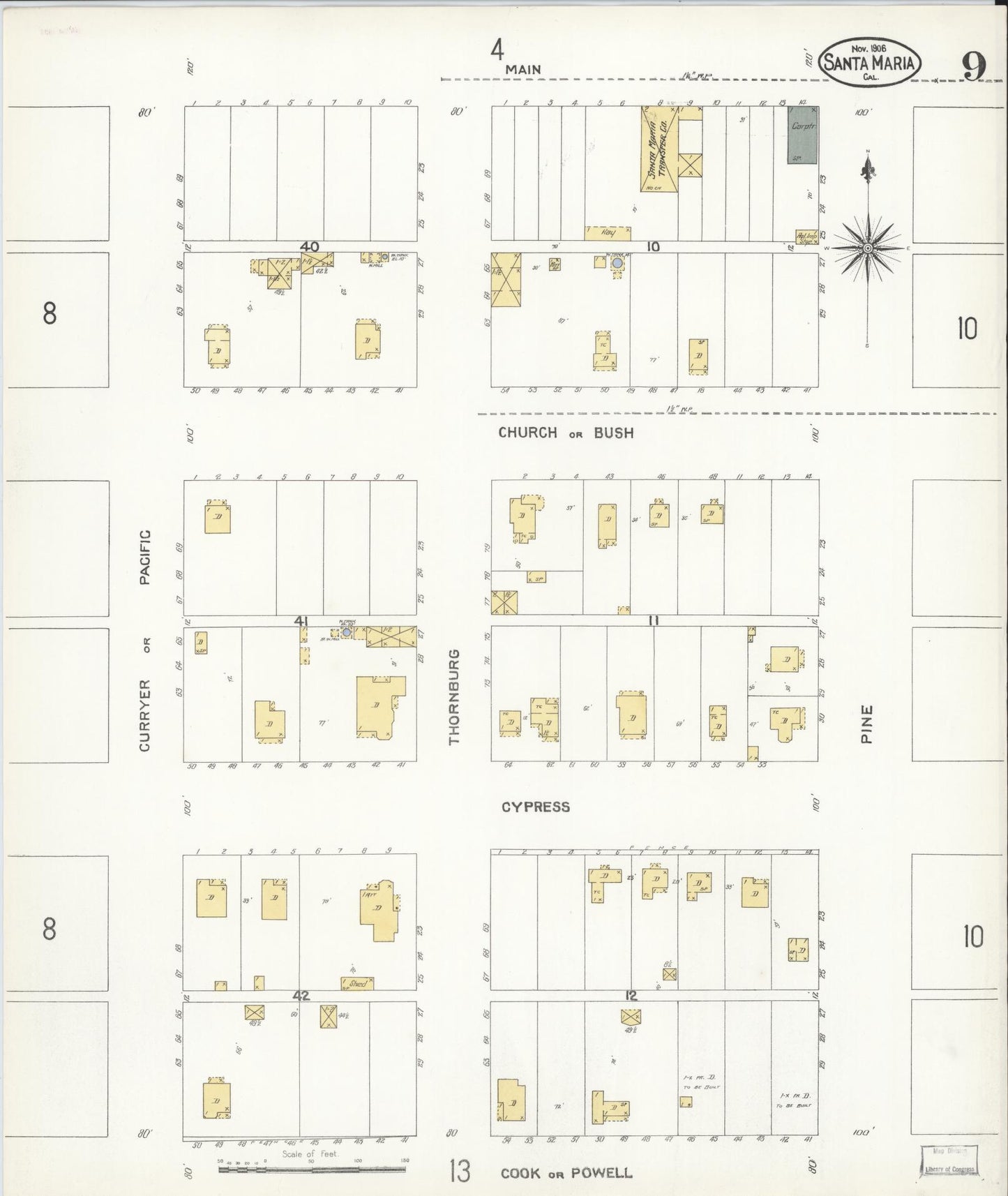 Sanborn Fire Insurance Map from Santa Maria, Santa Barbara County, California (1906), Sheet #0009 - Complete Map Set gallery image, historic Sanborn map, vintage wall art, California California