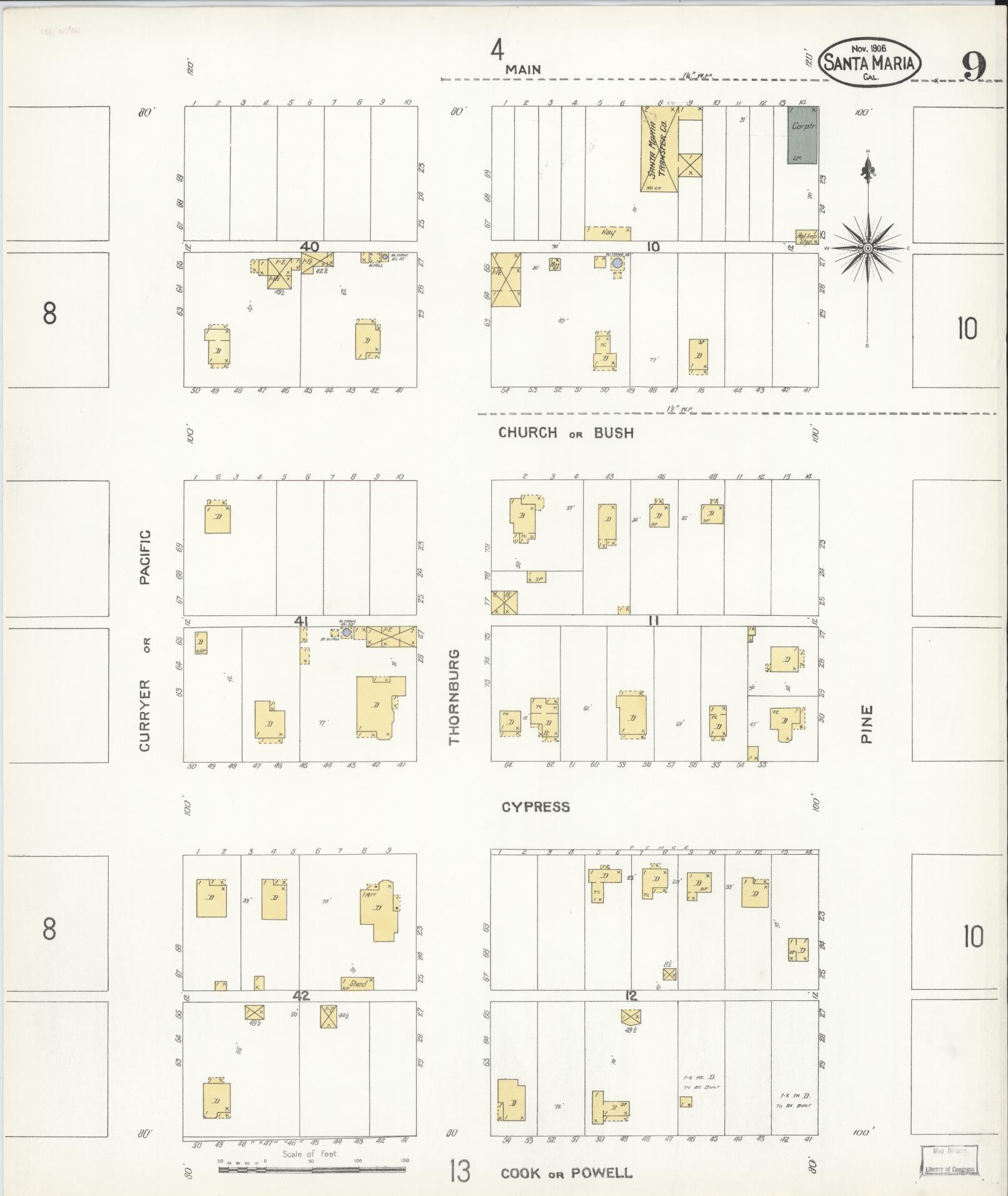Sanborn Fire Insurance Map from Santa Maria, Santa Barbara County, California (1906), Sheet #0009 - Complete Map Set gallery image, historic Sanborn map, vintage wall art, California California