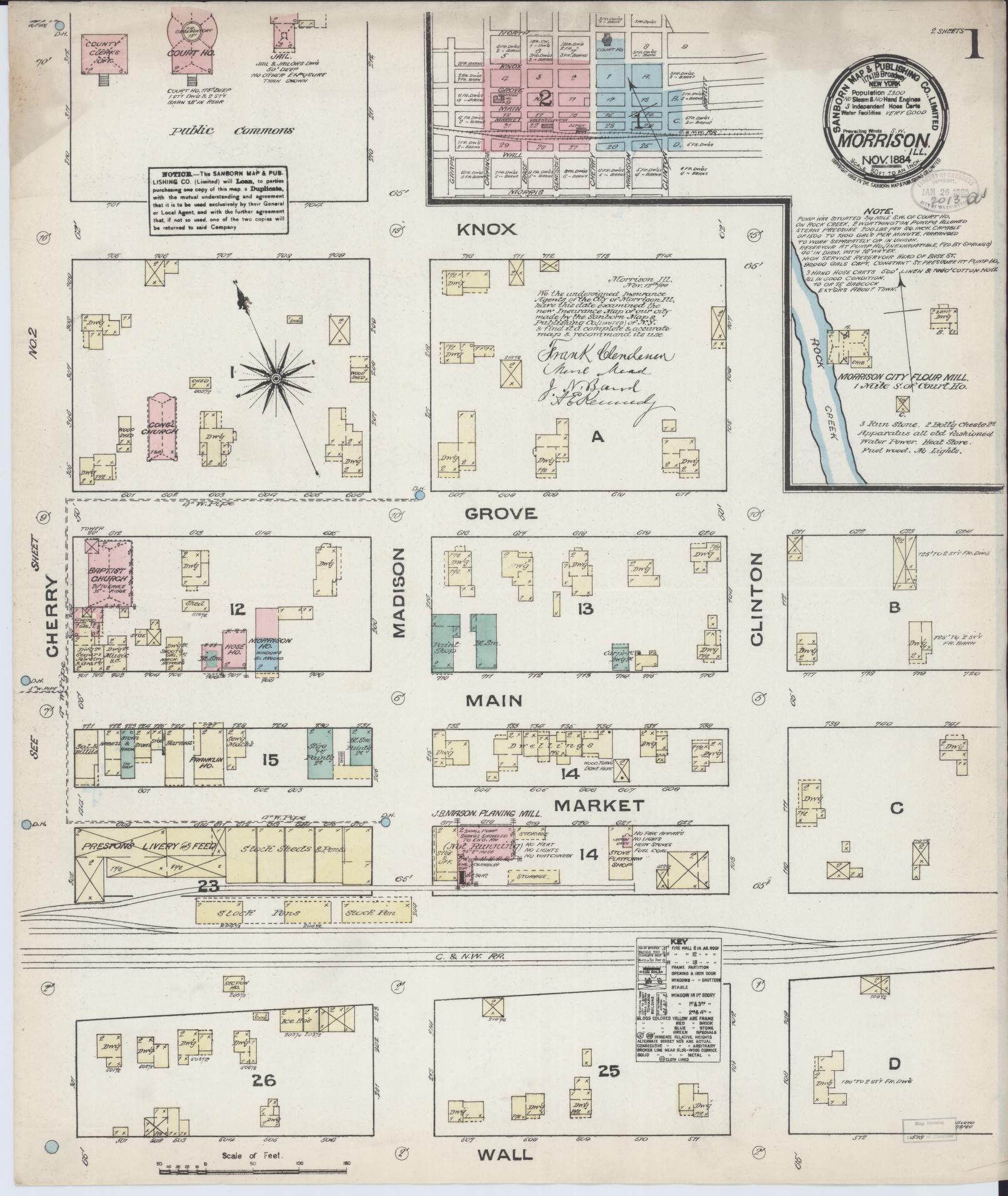 Sanborn Fire Insurance Map from Morrison, Whiteside County, Illinois (1884), Sheet #0001 - Complete Map Set gallery image, historic Sanborn map, vintage wall art, Illinois Illinois