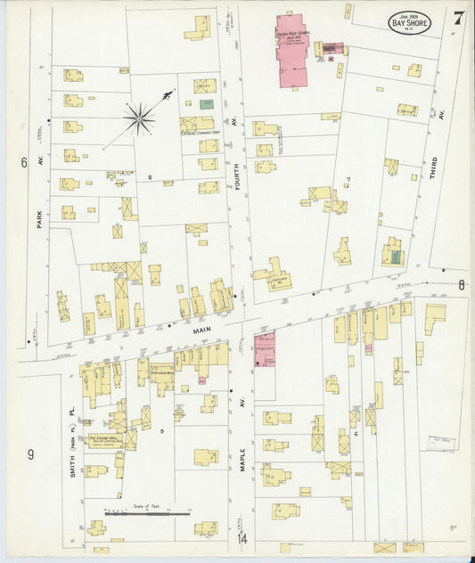 Sanborn Fire Insurance Map from Bay Shore, Suffolk County, New York (1909), Sheet #0007 - Historic Sanborn Fire Insurance Map Print, vintage old map wall art, antique decor, genealogy gift, New York New York map