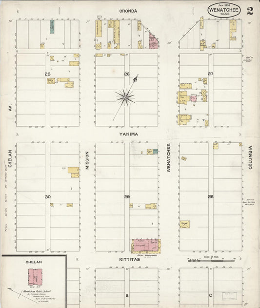 Sanborn Fire Insurance Map from Wenatchee, Chelan County, Washington (1894), Sheet #0002 - Historic Sanborn Fire Insurance Map Print, vintage old map wall art, antique decor, genealogy gift, Washington Washington map