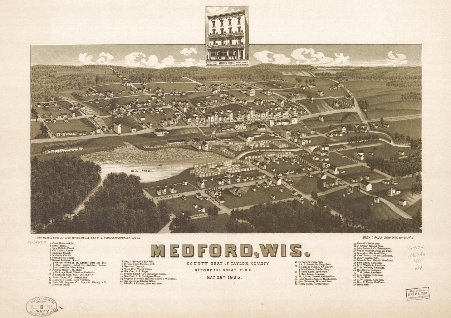 Medford, Wis., county seat of Taylor County before the great fire May 28th 1885. (1885) – Historic Bird’s-Eye View Panorama Print