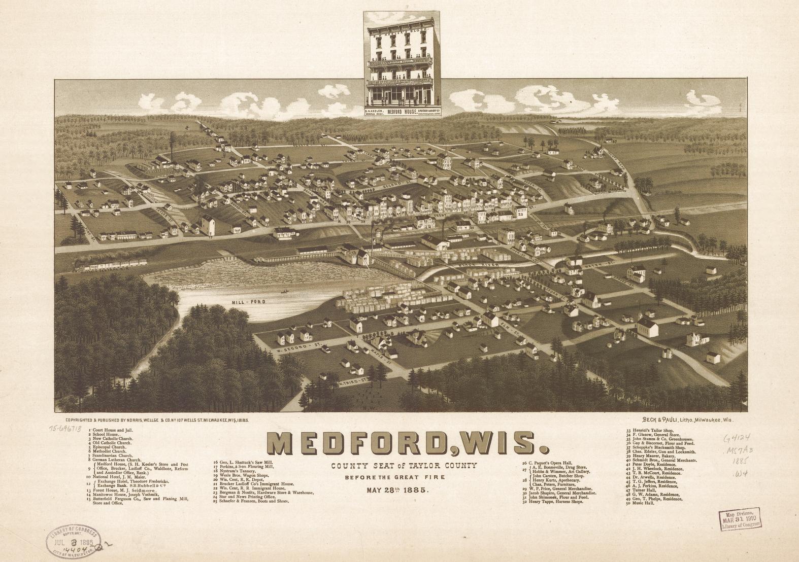 Medford, Wis., county seat of Taylor County before the great fire May 28th 1885. (1885) – Historic Bird’s-Eye View Panorama Print