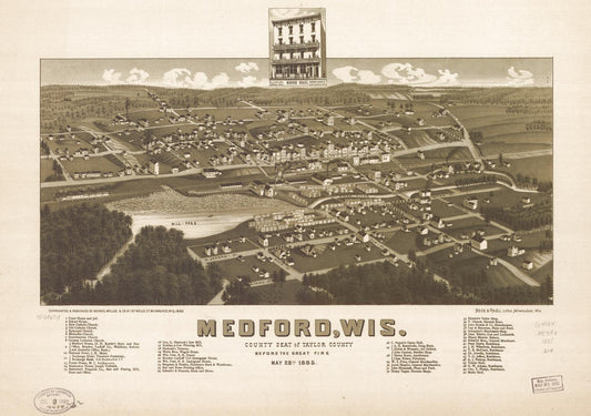 Medford, Wis., county seat of Taylor County before the great fire May 28th 1885. (1885) – Historic Bird’s-Eye View Panorama Print