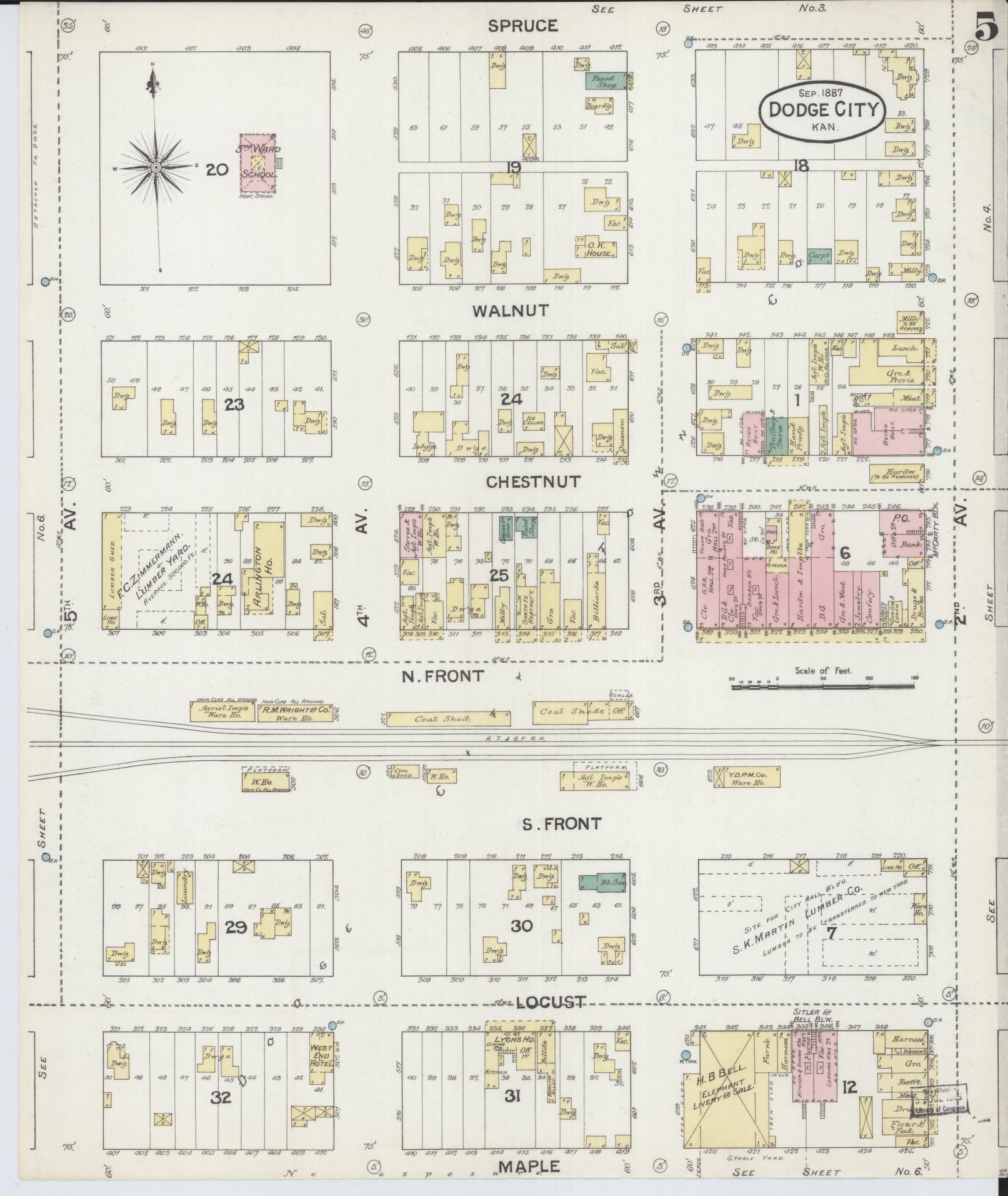 Sanborn Fire Insurance Map from Dodge City, Ford County, Kansas (1887), Sheet #0005 - Complete Map Set gallery image, historic Sanborn map, vintage wall art, Kansas Kansas