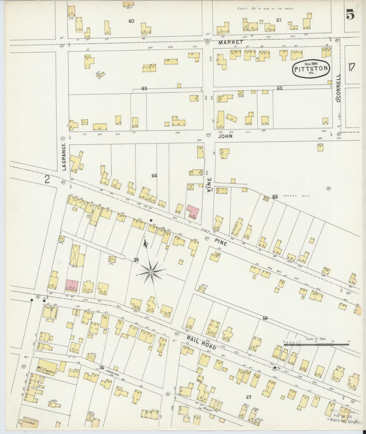 Sanborn Fire Insurance Map from Pittston, Luzerne County, Pennsylvania (1896), Sheet #0005 - Historic Sanborn Fire Insurance Map Print, vintage old map wall art, antique decor, genealogy gift, Pennsylvania Pennsylvania map
