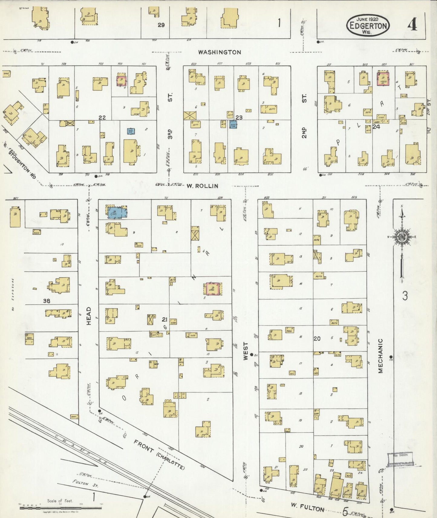 Sanborn Fire Insurance Map from Edgerton, Rock County, Wisconsin (1920), Sheet #0004 - Historic Sanborn Fire Insurance Map Print, vintage old map wall art, antique decor, genealogy gift, Wisconsin Wisconsin map