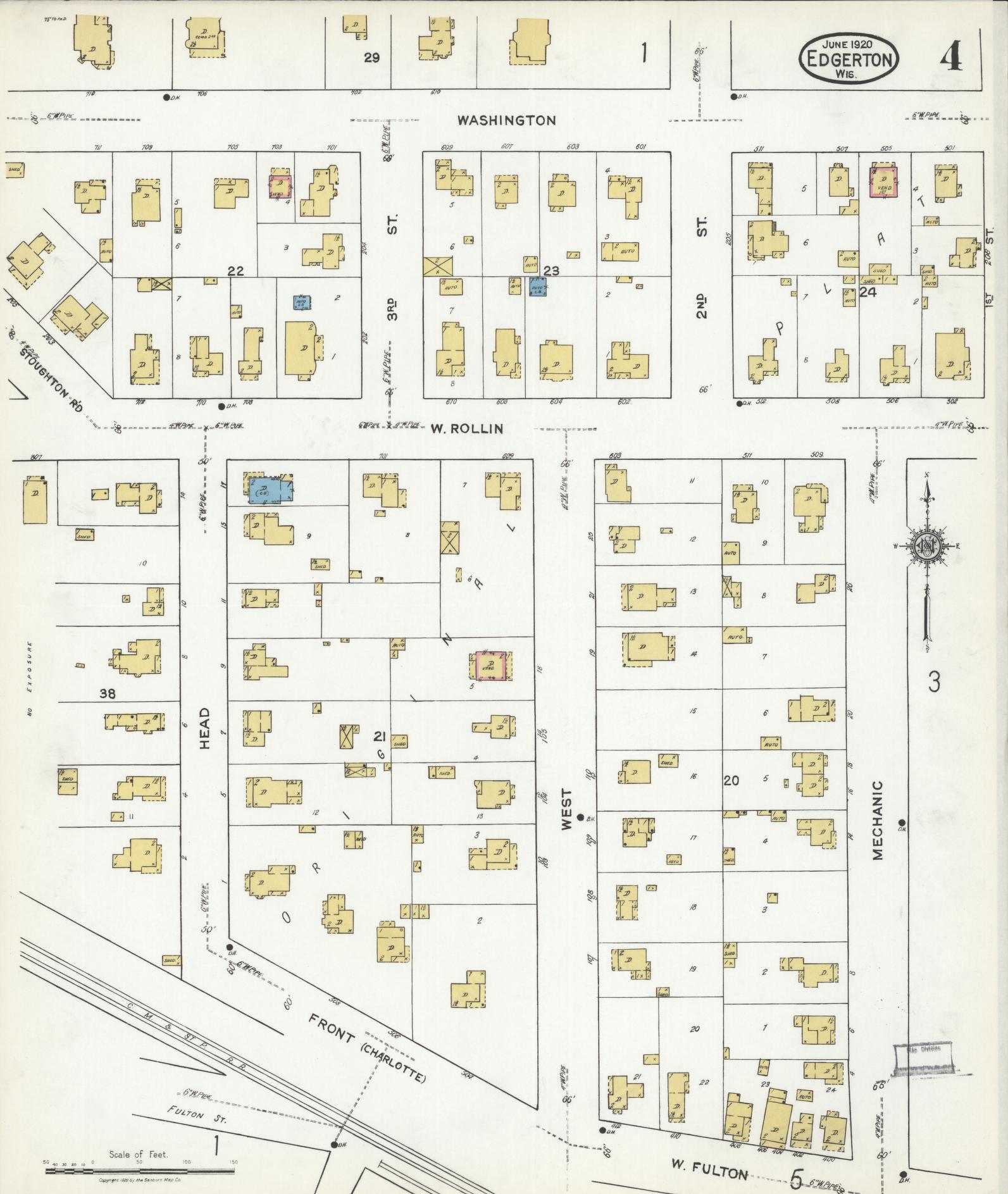 Sanborn Fire Insurance Map from Edgerton, Rock County, Wisconsin (1920), Sheet #0004 - Historic Sanborn Fire Insurance Map Print, vintage old map wall art, antique decor, genealogy gift, Wisconsin Wisconsin map