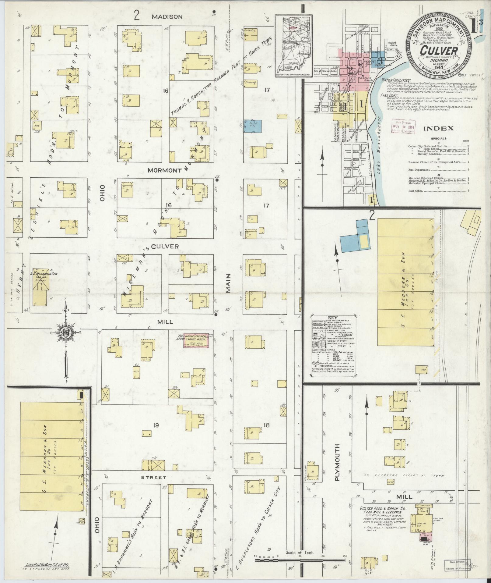 Sanborn Fire Insurance Map from Culver, Marshall County, Indiana (1914), Sheet #0001 - Complete Map Set gallery image, historic Sanborn map, vintage wall art, Indiana Indiana