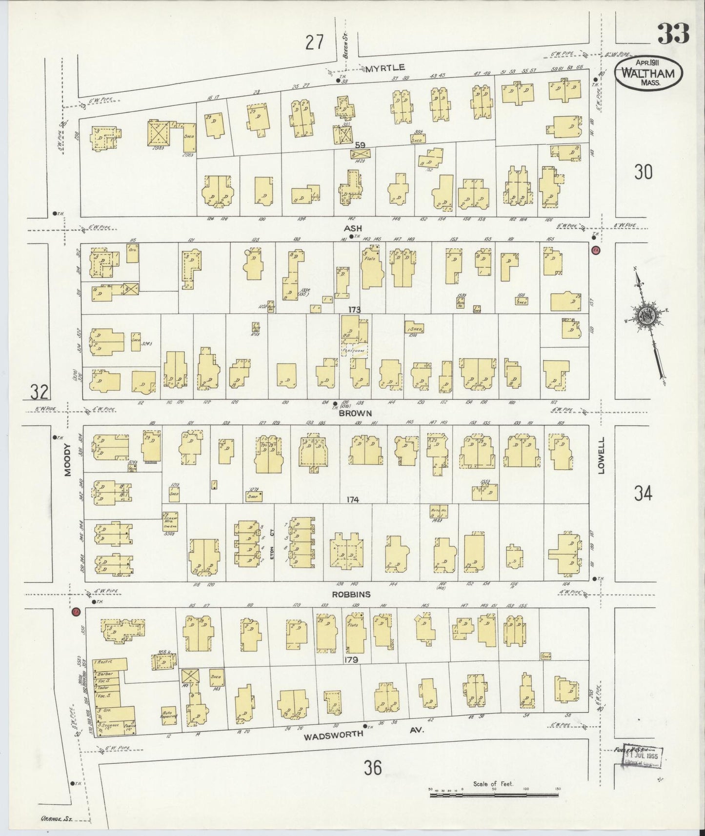 Sanborn Fire Insurance Map from Waltham, Middlesex County, Massachusetts (1911), Sheet #0033 - Complete Map Set gallery image, historic Sanborn map, vintage wall art, Massachusetts Massachusetts