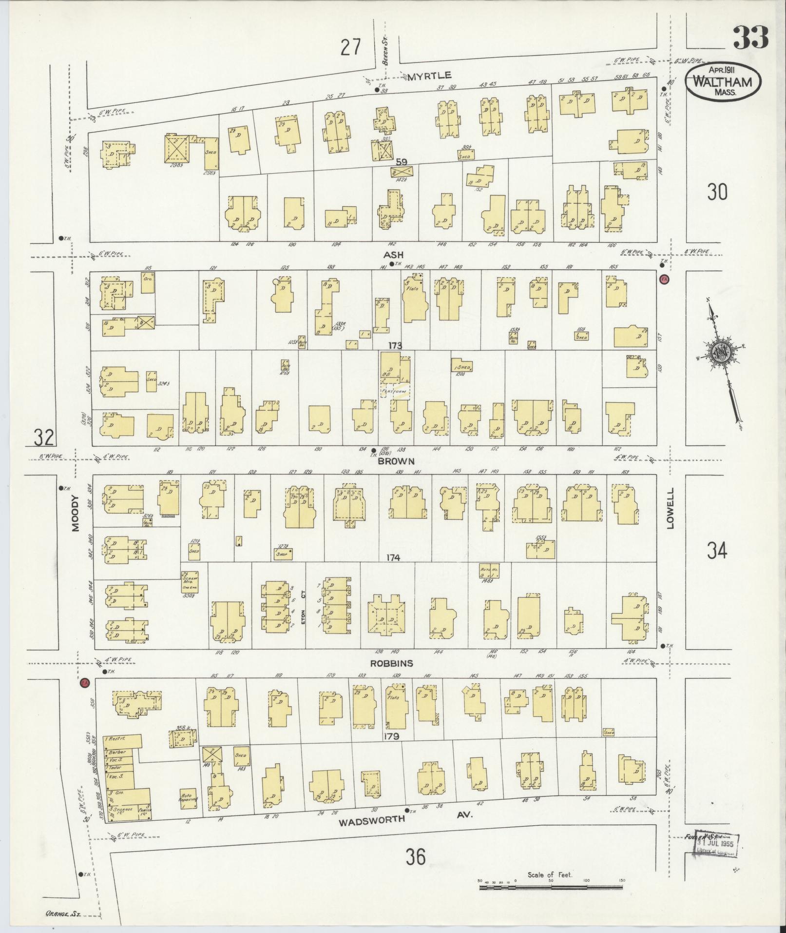 Sanborn Fire Insurance Map from Waltham, Middlesex County, Massachusetts (1911), Sheet #0033 - Complete Map Set gallery image, historic Sanborn map, vintage wall art, Massachusetts Massachusetts