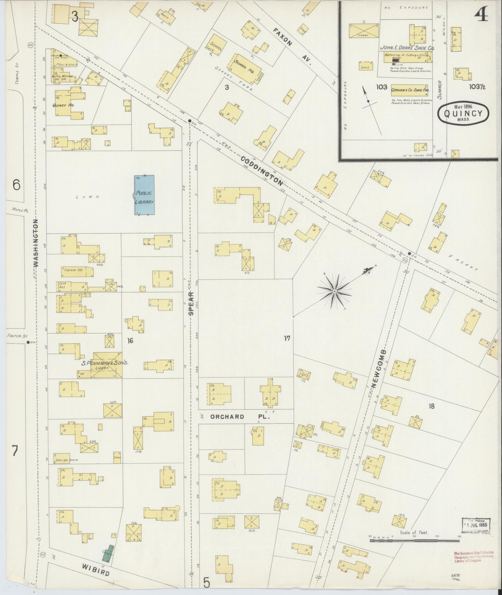 Sanborn Fire Insurance Map from Quincy, Norfolk County, Massachusetts (1896), Sheet #0004 - Historic Sanborn Fire Insurance Map Print, vintage old map wall art, antique decor, genealogy gift, Massachusetts Massachusetts map
