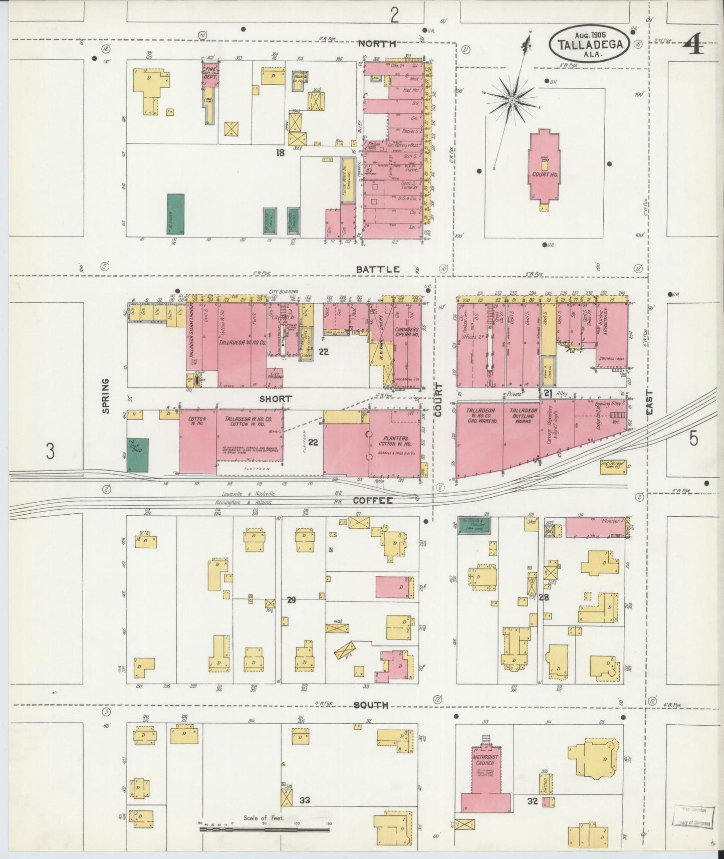 Sanborn Fire Insurance Map from Talladega, Talladega County, Alabama (1905), Sheet #0004 - Historic Sanborn Fire Insurance Map Print, vintage old map wall art, antique decor, genealogy gift, Alabama Alabama map