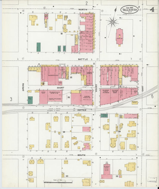 Sanborn Fire Insurance Map from Talladega, Talladega County, Alabama (1905), Sheet #0004 - Historic Sanborn Fire Insurance Map Print, vintage old map wall art, antique decor, genealogy gift, Alabama Alabama map