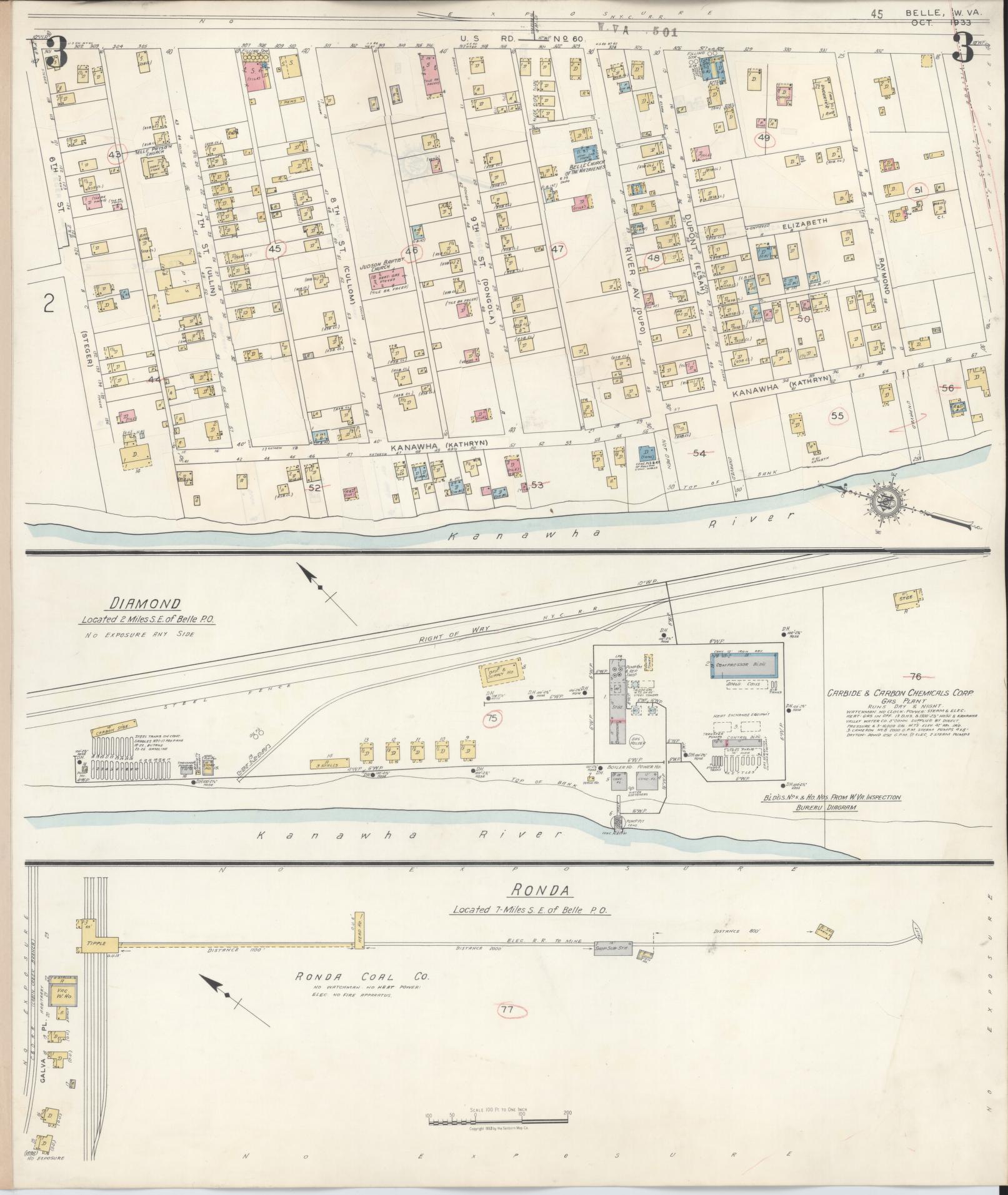 Sanborn Fire Insurance Map from Belle, Kanawha County, West Virginia (1943), Sheet #0003 - Historic Sanborn Fire Insurance Map Print, vintage old map wall art, antique decor, genealogy gift, West Virginia West Virginia map
