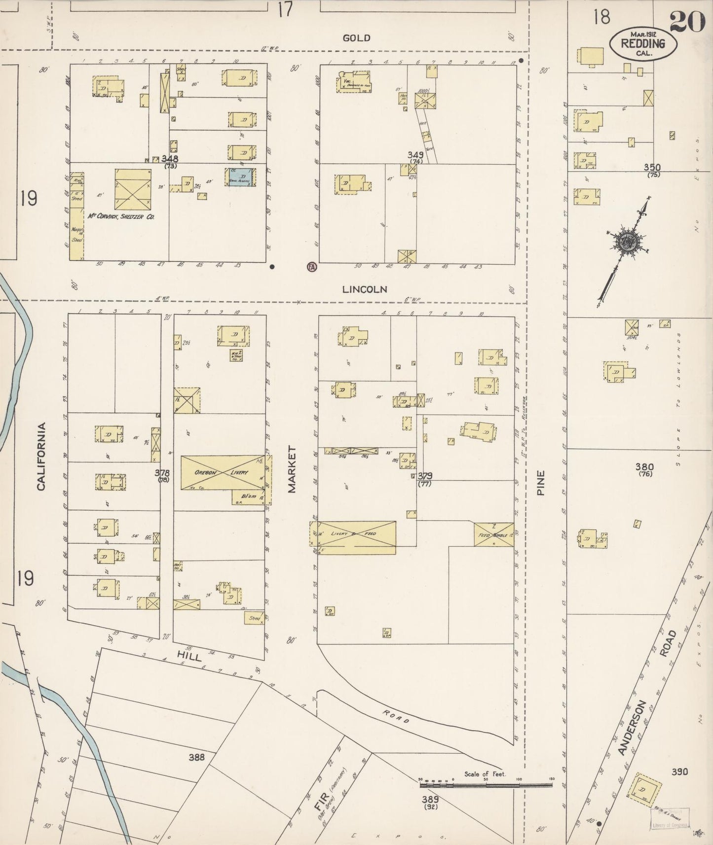 Sanborn Fire Insurance Map from Redding, Shasta County, California (1912), Sheet #0020 - Complete Map Set gallery image, historic Sanborn map, vintage wall art, California California