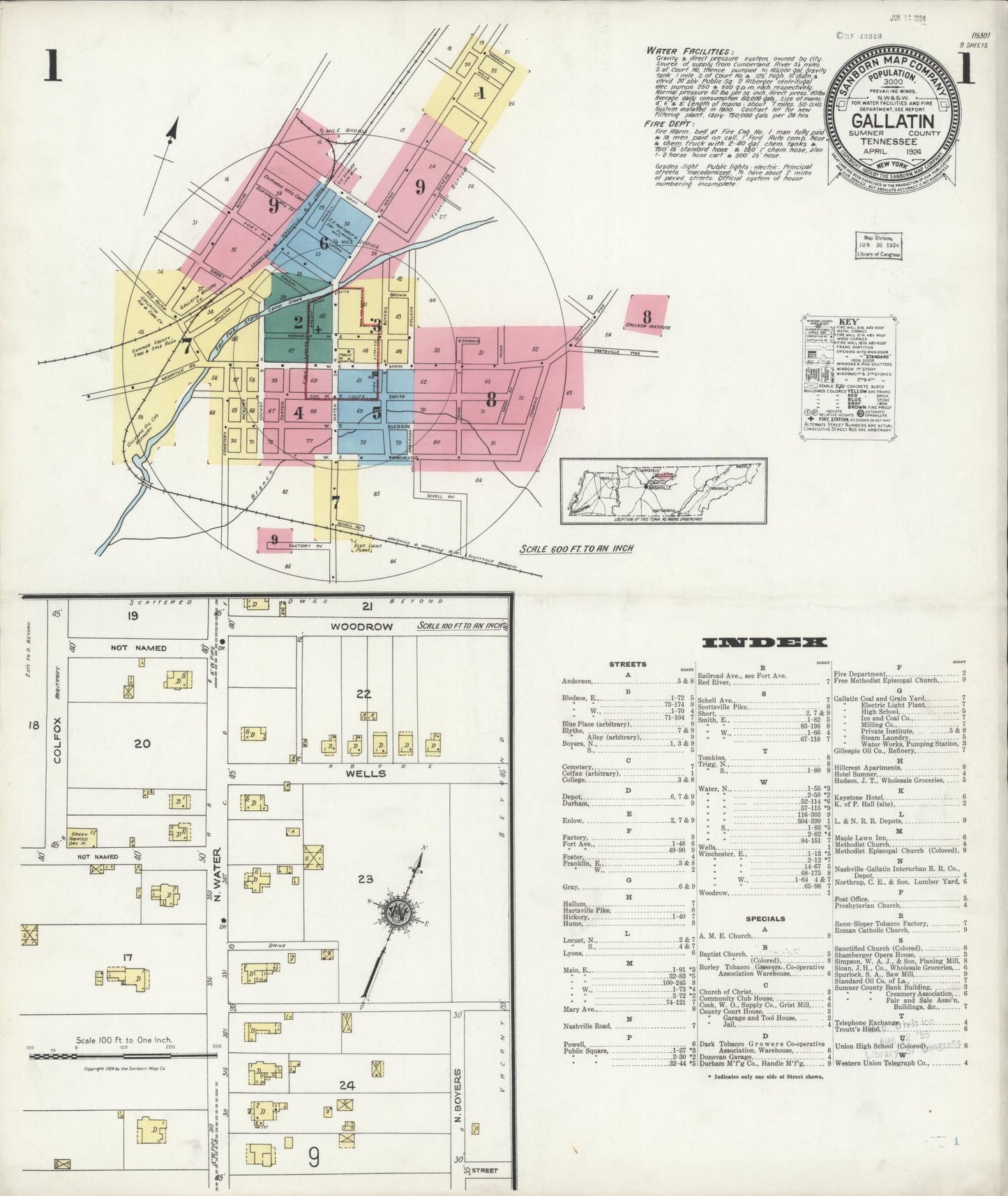 Sanborn Fire Insurance Map from Gallatin, Sumner County, Tennessee (1924), Sheet #0001 - Complete Map Set gallery image, historic Sanborn map, vintage wall art, Tennessee Tennessee