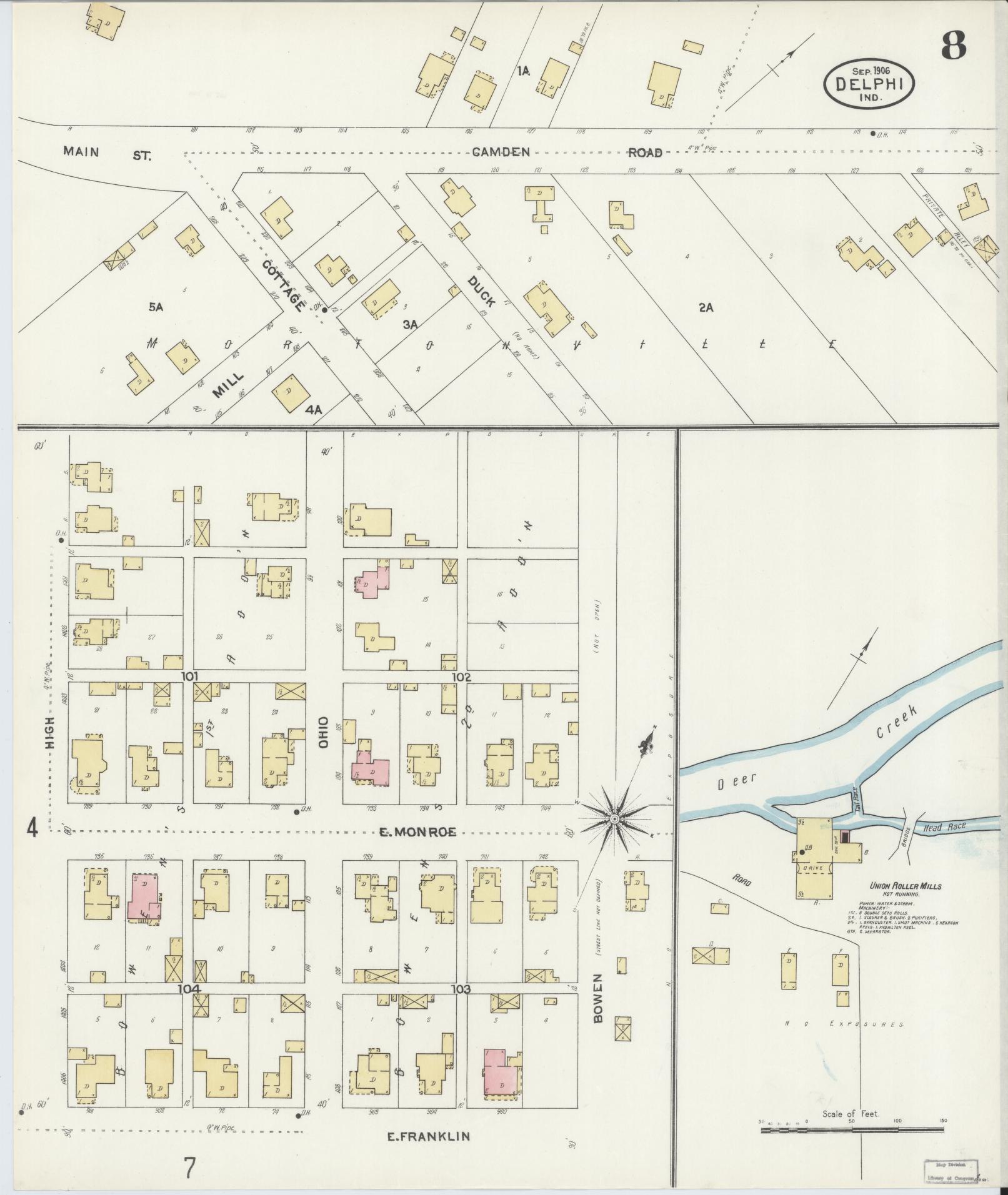 Sanborn Fire Insurance Map from Delphi, Carroll County, Indiana (1906), Sheet #0008 - Historic Sanborn Fire Insurance Map Print, vintage old map wall art, antique decor, genealogy gift, Indiana Indiana map