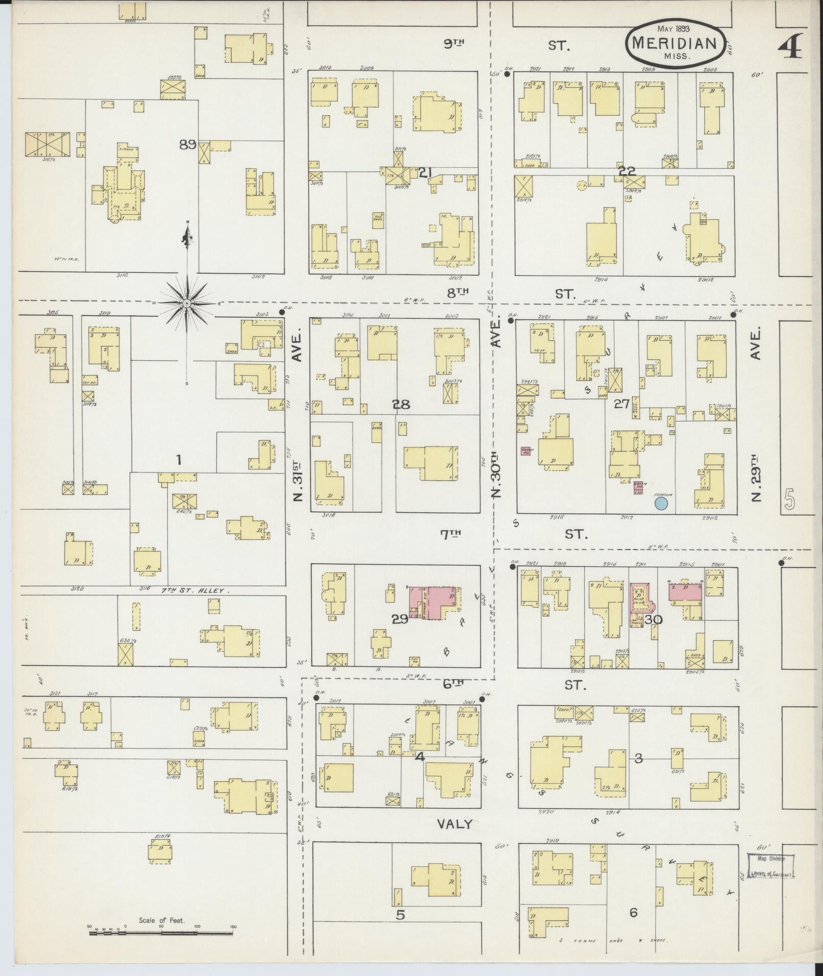 Sanborn Fire Insurance Map from Meridian, Lauderdale County, Mississippi (1893), Sheet #0004 - Complete Map Set gallery image, historic Sanborn map, vintage wall art, Mississippi Mississippi