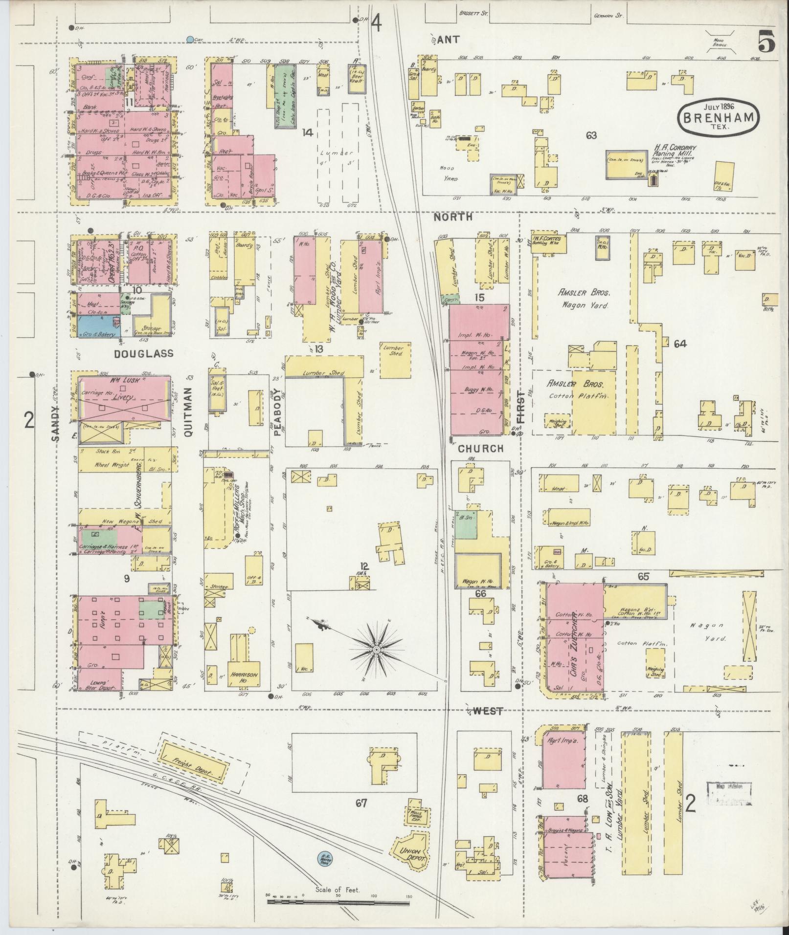 Sanborn Fire Insurance Map from Brenham, Washington County, Texas (1896), Sheet #0005 - Historic Sanborn Fire Insurance Map Print, vintage old map wall art, antique decor, genealogy gift, Texas Texas map