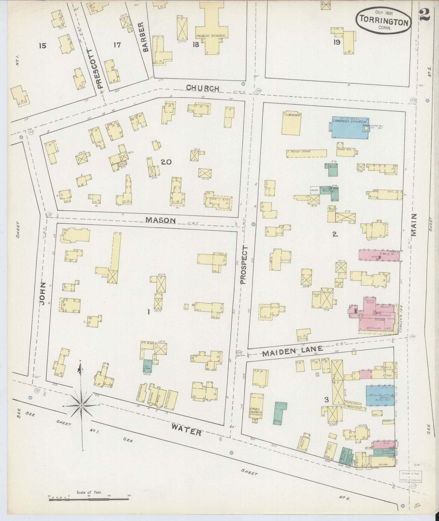 Sanborn Fire Insurance Map from Torrington, Litchfield County, Connecticut (1891), Sheet #0002 - Complete Map Set gallery image, historic Sanborn map, vintage wall art, Connecticut Connecticut