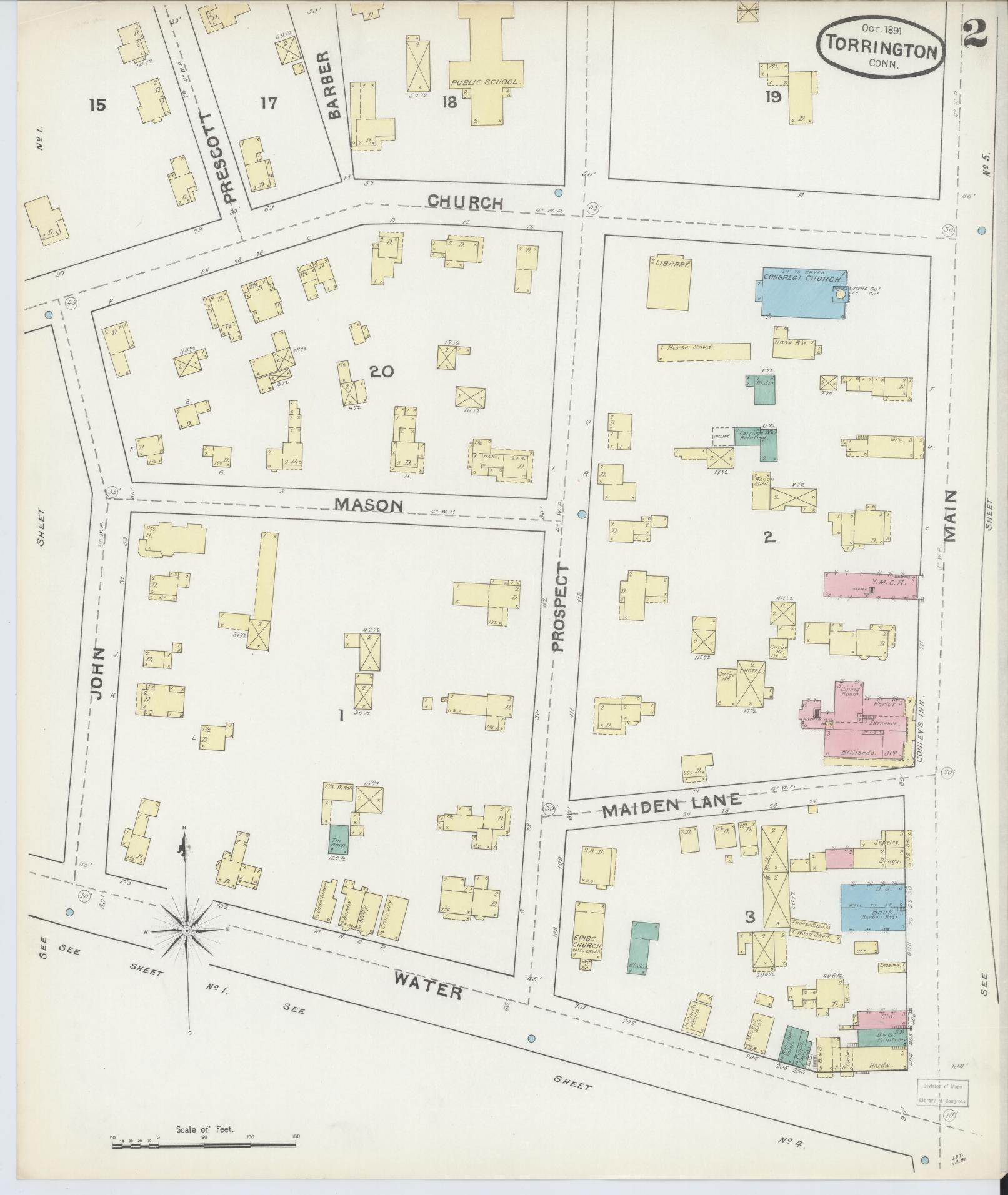 Sanborn Fire Insurance Map from Torrington, Litchfield County, Connecticut (1891), Sheet #0002 - Complete Map Set gallery image, historic Sanborn map, vintage wall art, Connecticut Connecticut