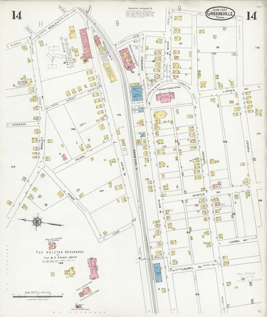 Sanborn Fire Insurance Map from Greeneville, Greene County, Tennessee (1927), Sheet #0014 - Historic Sanborn Fire Insurance Map Print, vintage old map wall art, antique decor, genealogy gift, Tennessee Tennessee map