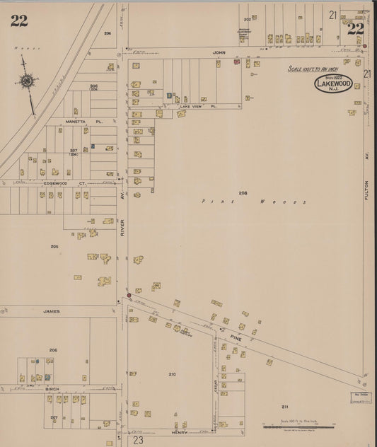 Sanborn Fire Insurance Map from Lakewood, Ocean County, New Jersey (1922), Sheet #0022 - Historic Sanborn Fire Insurance Map Print, vintage old map wall art, antique decor, genealogy gift, New Jersey New Jersey map