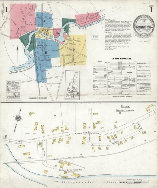 Sanborn Fire Insurance Map from Tilton, Belknap County, New Hampshire (1923), Sheet #0001 - Historic Sanborn Fire Insurance Map Print, vintage old map wall art, antique decor, genealogy gift, New Hampshire New Hampshire map