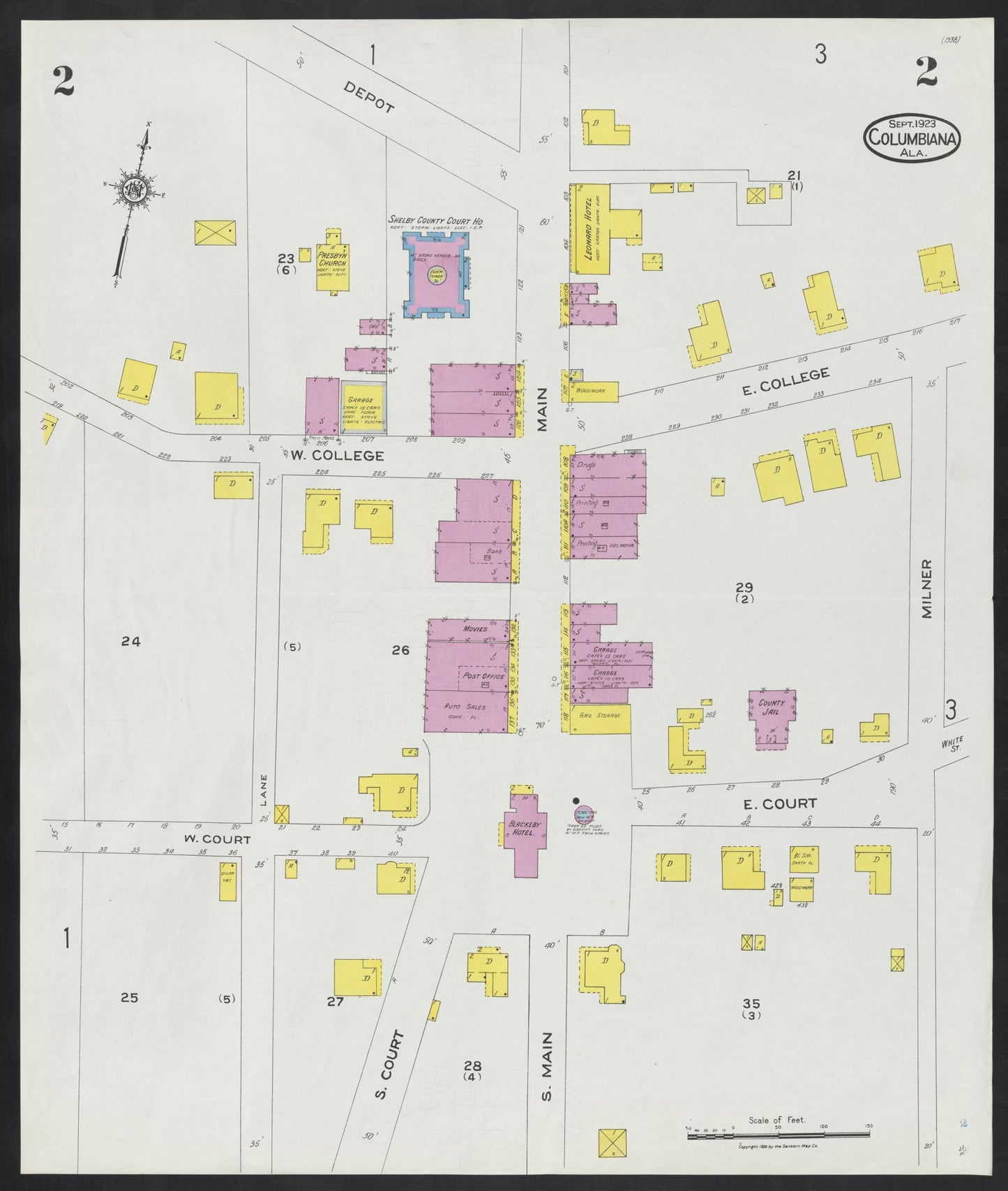 Sanborn Fire Insurance Map from Columbiana, Shelby County, Alabama (1923), Sheet #0002 - Complete Map Set gallery image, historic Sanborn map, vintage wall art, Alabama Alabama