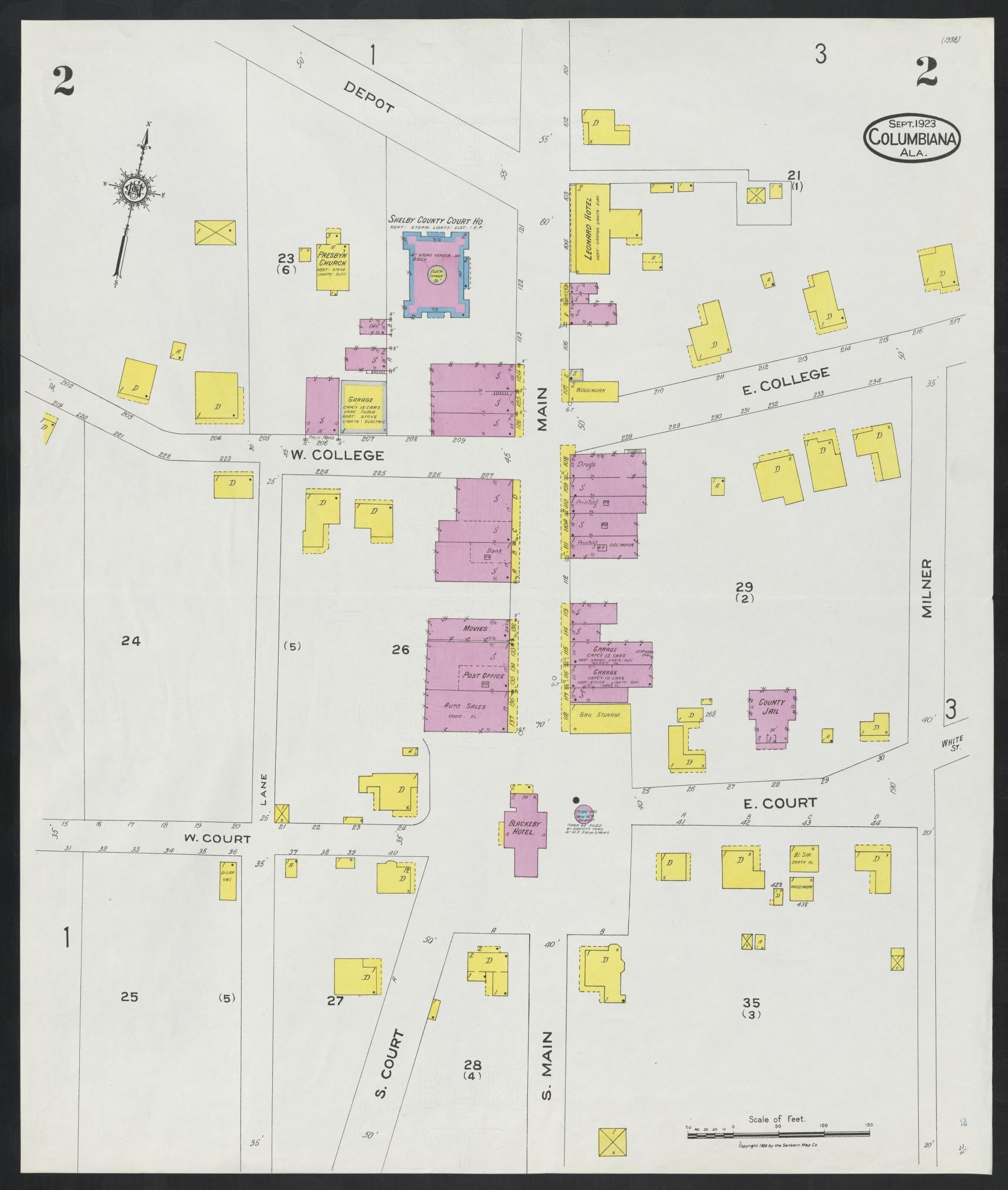 Sanborn Fire Insurance Map from Columbiana, Shelby County, Alabama (1923), Sheet #0002 - Complete Map Set gallery image, historic Sanborn map, vintage wall art, Alabama Alabama