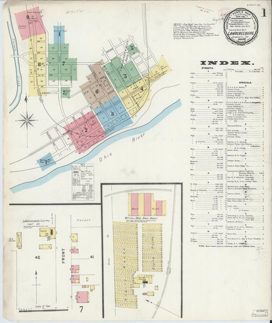 Sanborn Fire Insurance Map from Lawrenceburg, Dearborn County, Indiana (1896), Sheet #0001 - Historic Sanborn Fire Insurance Map Print, vintage old map wall art, antique decor, genealogy gift, Indiana Indiana map