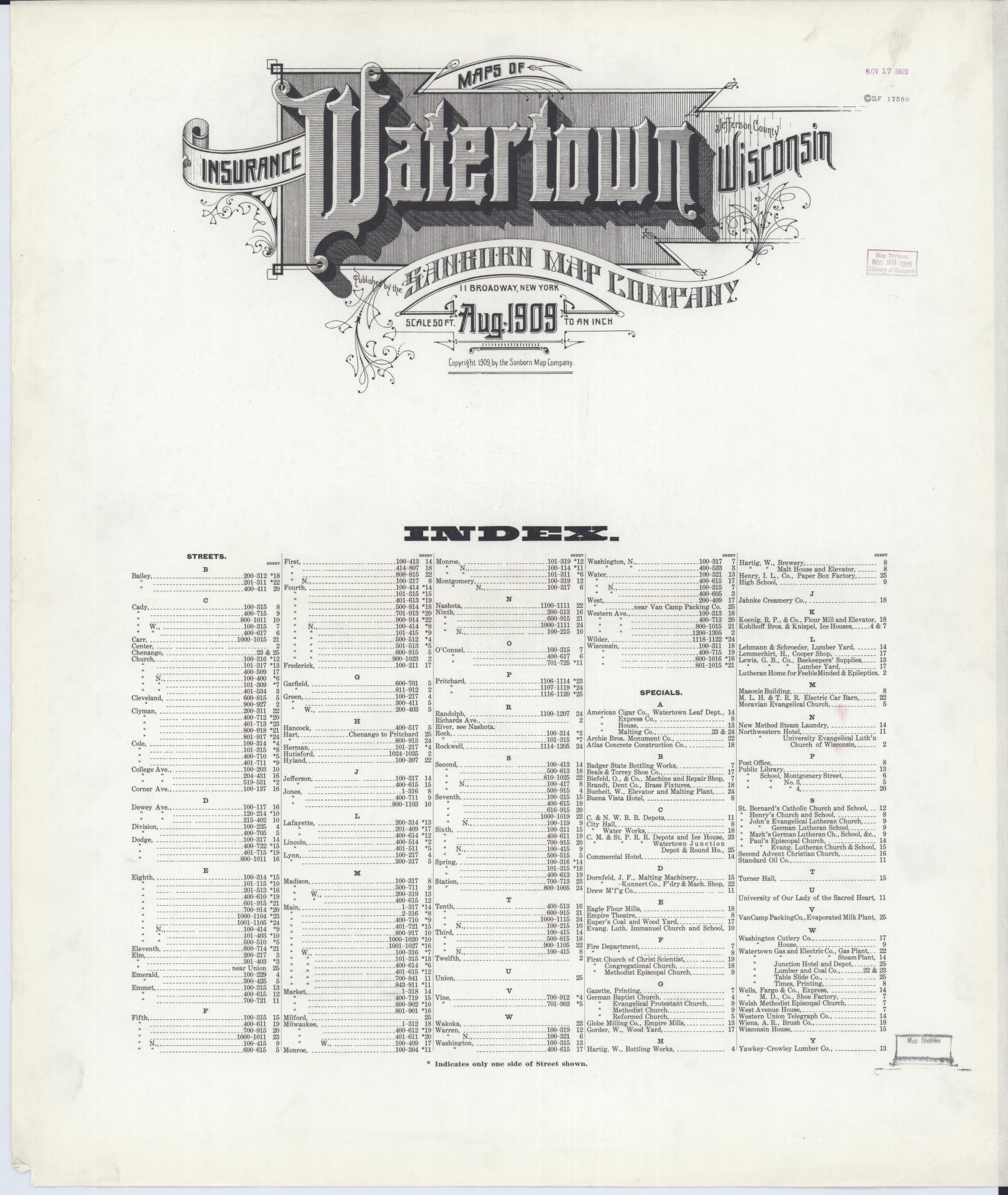 Watertown, Jefferson County, Wisconsin (1909) – Sanborn Fire Insurance Map – Map View