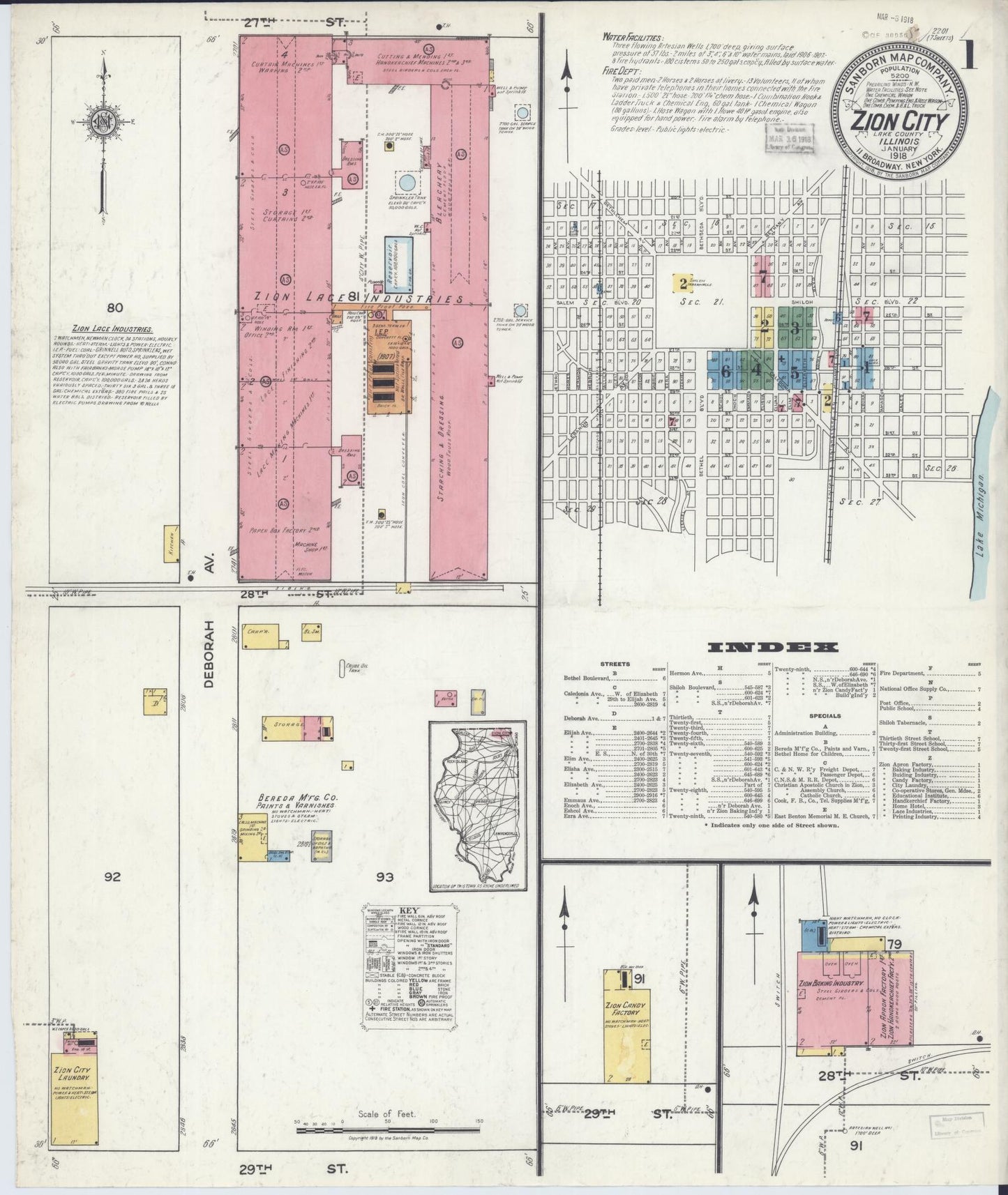 Sanborn Fire Insurance Map from Zion, Lake County, Illinois (1918), Sheet #0001 - Historic Sanborn Fire Insurance Map Print, vintage old map wall art, antique decor, genealogy gift, Illinois Illinois map